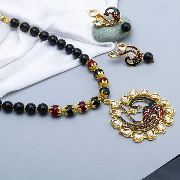 Earrings Yellow Chimes Yellow Chimes Exquisite Gold Plated Pearl Beads Kundan Studded Peacock Design Traditional Pendant Necklace Set with Earrings Jewellery Set for Women