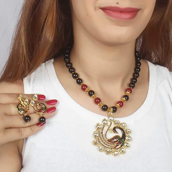 Earrings Yellow Chimes Yellow Chimes Exquisite Gold Plated Pearl Beads Kundan Studded Peacock Design Traditional Pendant Necklace Set with Earrings Jewellery Set for Women