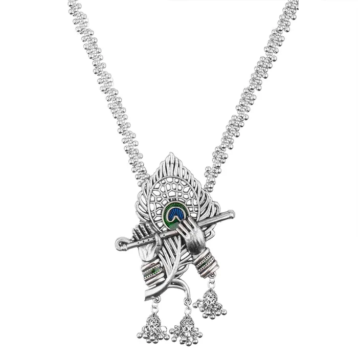 Earrings Yellow Chimes Yellow Chimes Jewellery Set for Women and Girls Oxidised Silver Plated Krishna Flute Peacock Feather Shaped Long Necklace Set Birthday Gift for Girls Women Anniversary Gift for Wife