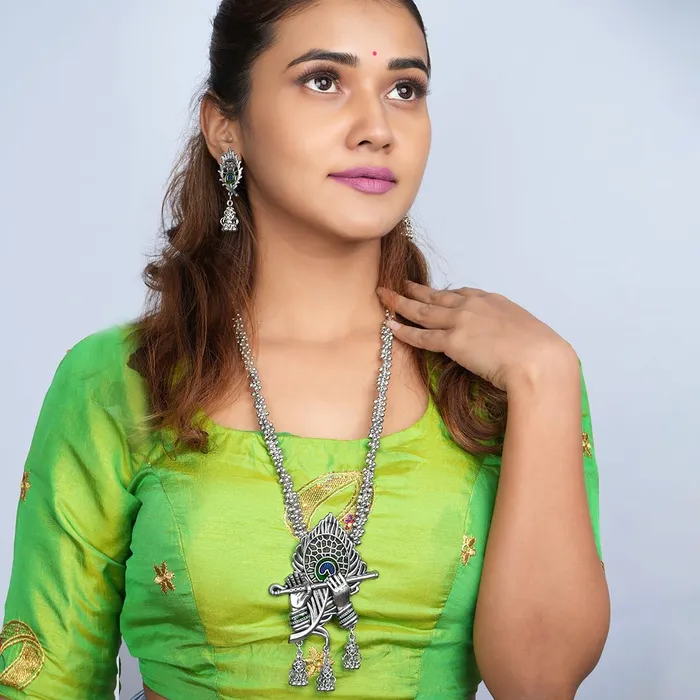 Earrings Yellow Chimes Yellow Chimes Jewellery Set for Women and Girls Oxidised Silver Plated Krishna Flute Peacock Feather Shaped Long Necklace Set Birthday Gift for Girls Women Anniversary Gift for Wife