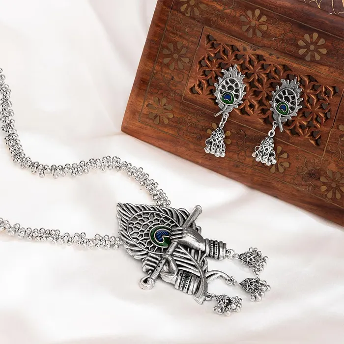 Earrings Yellow Chimes Yellow Chimes Jewellery Set for Women and Girls Oxidised Silver Plated Krishna Flute Peacock Feather Shaped Long Necklace Set Birthday Gift for Girls Women Anniversary Gift for Wife