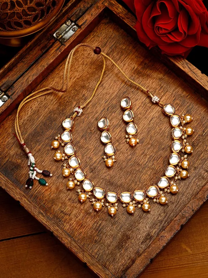 Earrings Yellow Chimes Yellow Chimes Jewellery Set for Women Gold Plated Big Kundan Studded Beads Drop Designed Choker Necklace Set with Earrings for Women and Girls