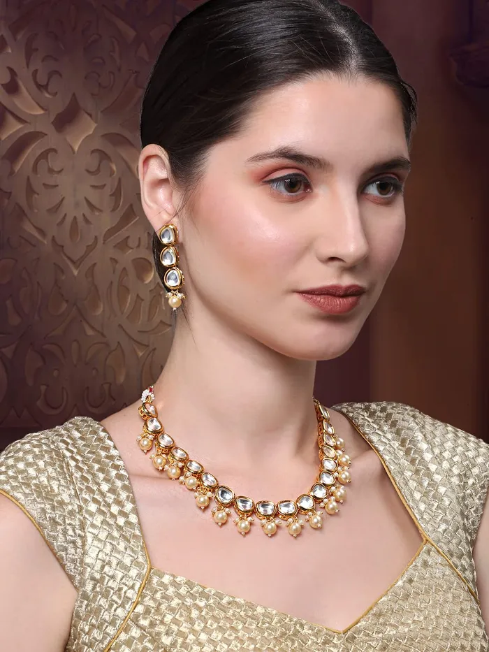 Earrings Yellow Chimes Yellow Chimes Jewellery Set for Women Gold Plated Big Kundan Studded Beads Drop Designed Choker Necklace Set with Earrings for Women and Girls