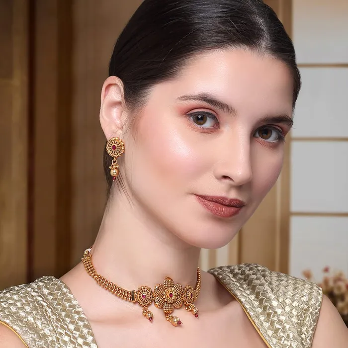 Earrings Yellow Chimes Yellow Chimes Jewellery Set for Women Gold Plated Floral Charm Pearl Drop Designed Choker Neckalce Set for Women and Girls