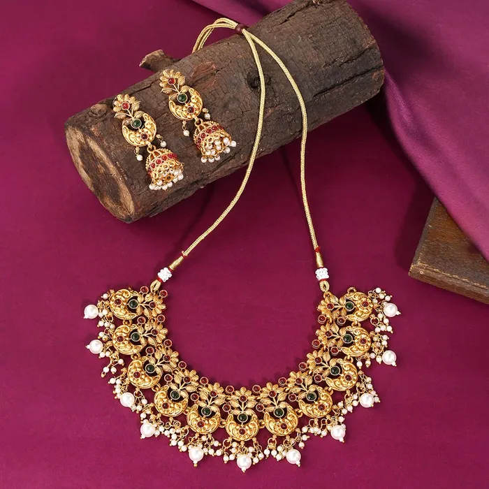 Earrings Yellow Chimes Yellow Chimes Jewellery Set For Women Gold Plated Pink and Green Stone Studded Pearl Beads Hanging Floral Designed Choker Necklace Set For Women and Girls