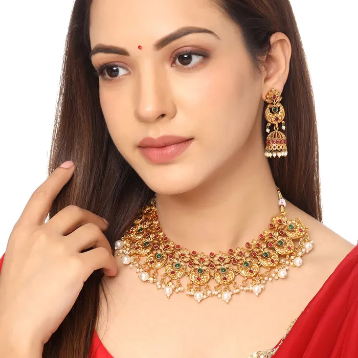 Earrings Yellow Chimes Yellow Chimes Jewellery Set For Women Gold Plated Pink and Green Stone Studded Pearl Beads Hanging Floral Designed Choker Necklace Set For Women and Girls