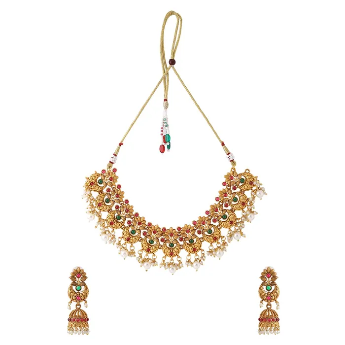 Earrings Yellow Chimes Yellow Chimes Jewellery Set For Women Gold Plated Pink and Green Stone Studded Pearl Beads Hanging Floral Designed Choker Necklace Set For Women and Girls