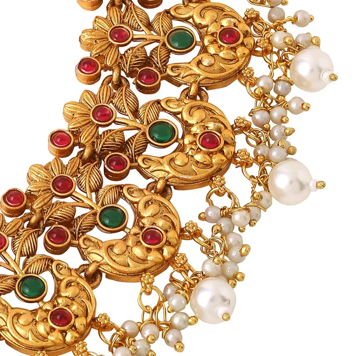 Earrings Yellow Chimes Yellow Chimes Jewellery Set For Women Gold Plated Pink and Green Stone Studded Pearl Beads Hanging Floral Designed Choker Necklace Set For Women and Girls