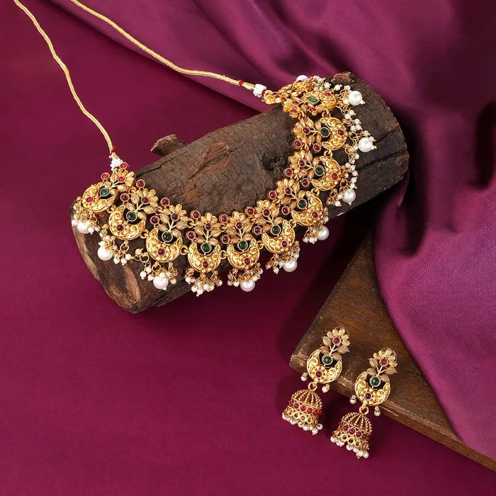 Earrings Yellow Chimes Yellow Chimes Jewellery Set For Women Gold Plated Pink and Green Stone Studded Pearl Beads Hanging Floral Designed Choker Necklace Set For Women and Girls
