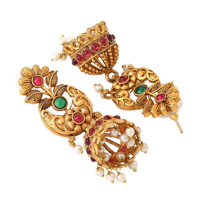 Earrings Yellow Chimes Yellow Chimes Jewellery Set For Women Gold Plated Pink and Green Stone Studded Pearl Beads Hanging Floral Designed Choker Necklace Set For Women and Girls