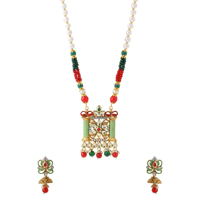 Earrings Yellow Chimes Yellow Chimes Jewellery Set For Women Long Kundan Beaded Charm Attached Necklace Set With Earrings For Women and Girls Earrings Yellow Chimes Yellow Chimes Jewellery Set For Women Long Kundan Beaded Charm Attached Necklace Set With Earrings For Women and Girls