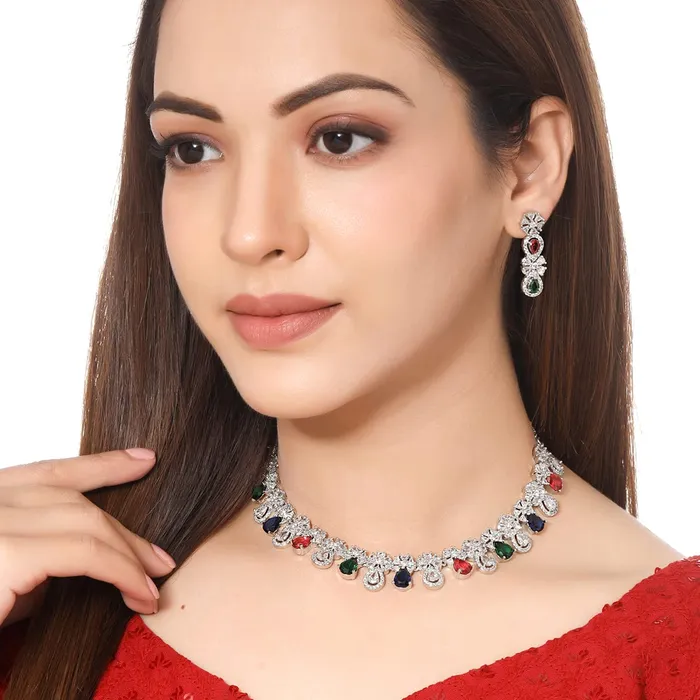 Earrings Yellow Chimes Yellow Chimes Jewellery Set for Womens Rhodium Plated ADAmerican Diamond Studded Multicolor Crystal Necklace Set with Earrings for Women and Girls
