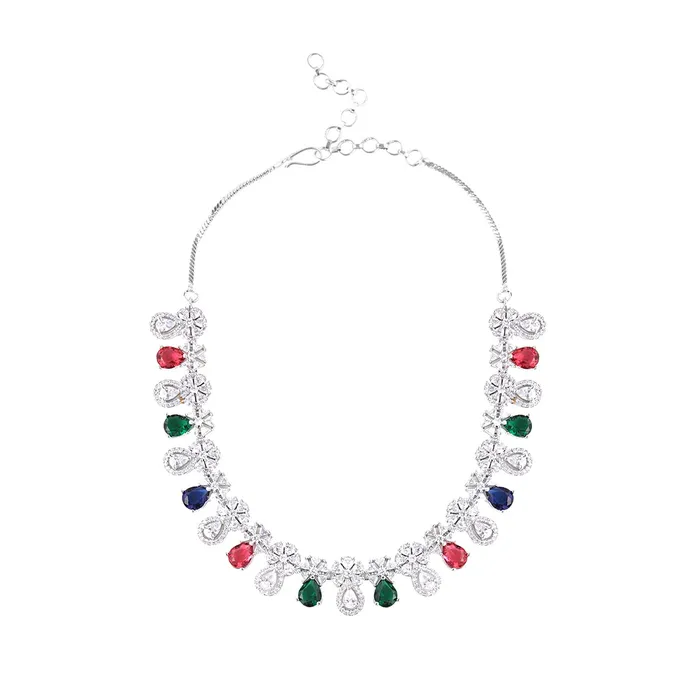 Earrings Yellow Chimes Yellow Chimes Jewellery Set for Womens Rhodium Plated ADAmerican Diamond Studded Multicolor Crystal Necklace Set with Earrings for Women and Girls