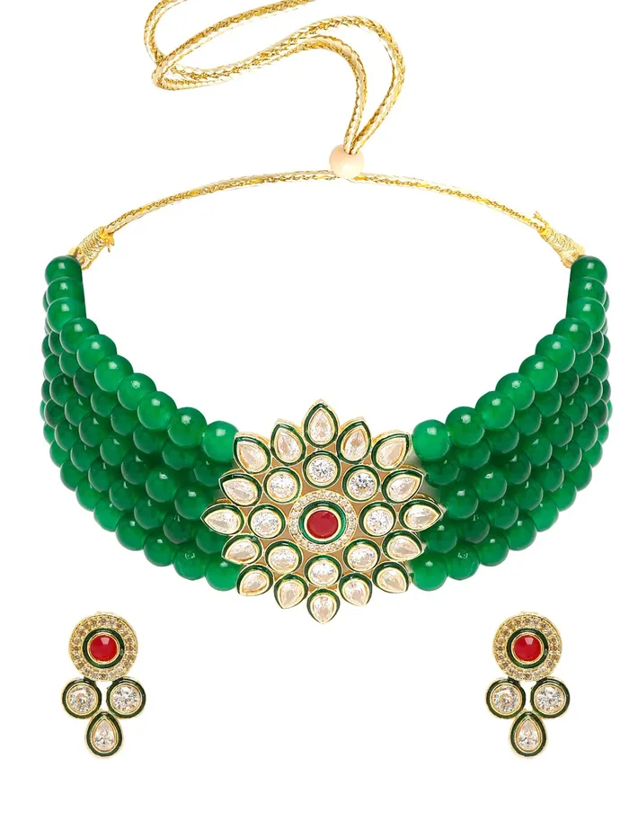 Earrings Yellow Chimes Yellow Chimes Kundan Jewellery Set for Women Red Beads Jewellery Set Ethnic Traditional Choker Necklace Set with Earrings for Women and Girls