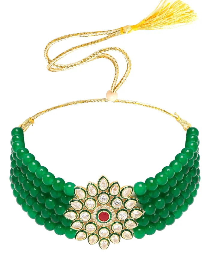 Earrings Yellow Chimes Yellow Chimes Kundan Jewellery Set for Women Red Beads Jewellery Set Ethnic Traditional Choker Necklace Set with Earrings for Women and Girls