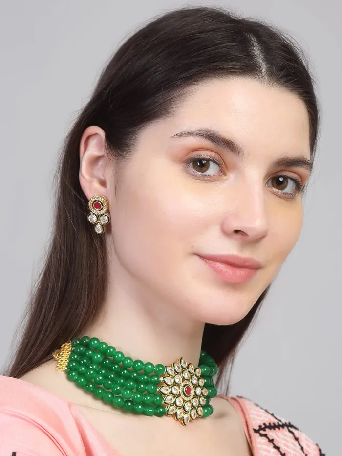 Earrings Yellow Chimes Yellow Chimes Kundan Jewellery Set for Women Red Beads Jewellery Set Ethnic Traditional Choker Necklace Set with Earrings for Women and Girls