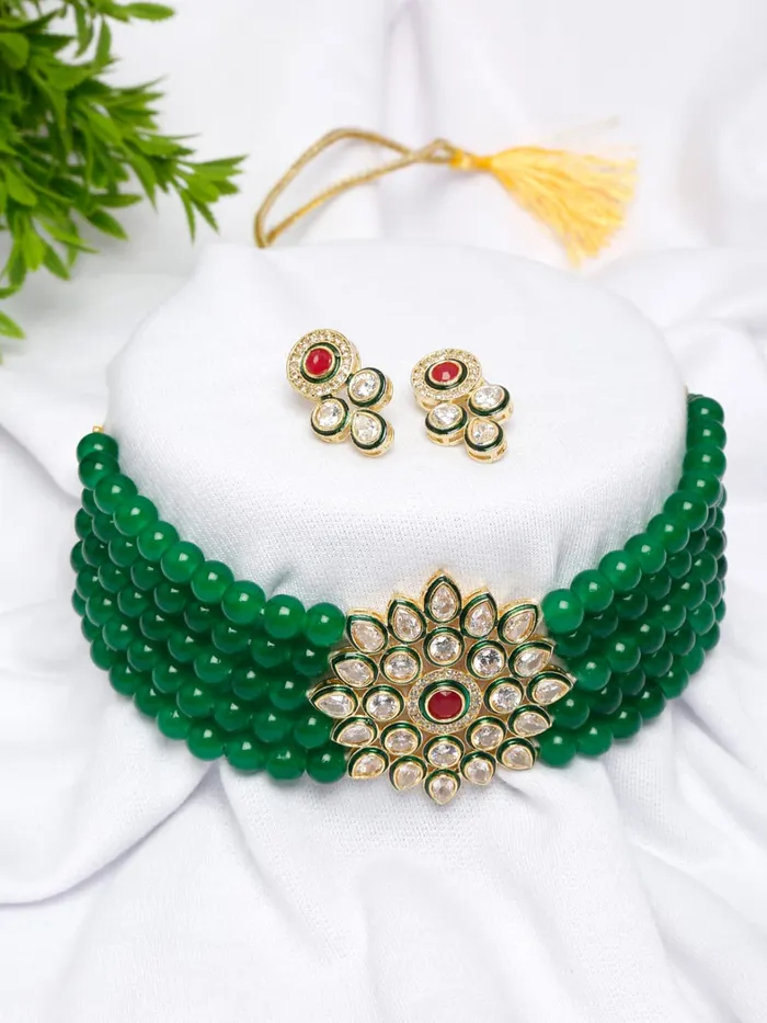 Earrings Yellow Chimes Yellow Chimes Kundan Jewellery Set for Women Red Beads Jewellery Set Ethnic Traditional Choker Necklace Set with Earrings for Women and Girls
