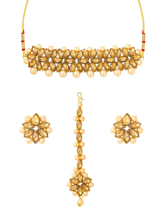Earrings Yellow Chimes Yellow Chimes Kundan Jewellery Set Gold Plated Traditional Choker Necklace Set Gold Plated and Pearl Jewellery Set for Women Golden YCTJNS05FLWKUNGL