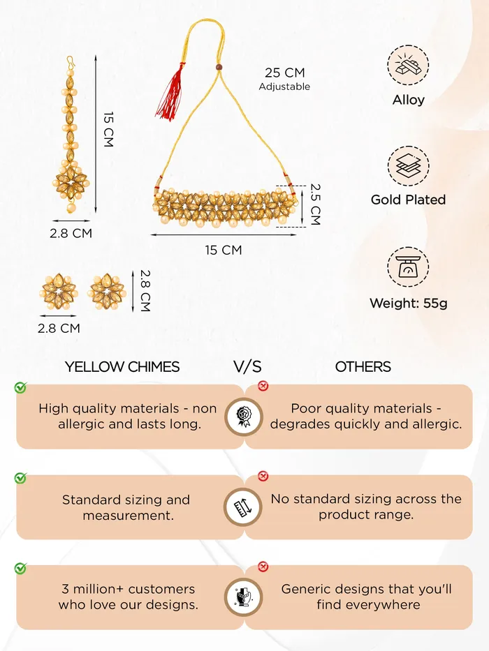 Earrings Yellow Chimes Yellow Chimes Kundan Jewellery Set Gold Plated Traditional Choker Necklace Set Gold Plated and Pearl Jewellery Set for Women Golden YCTJNS05FLWKUNGL