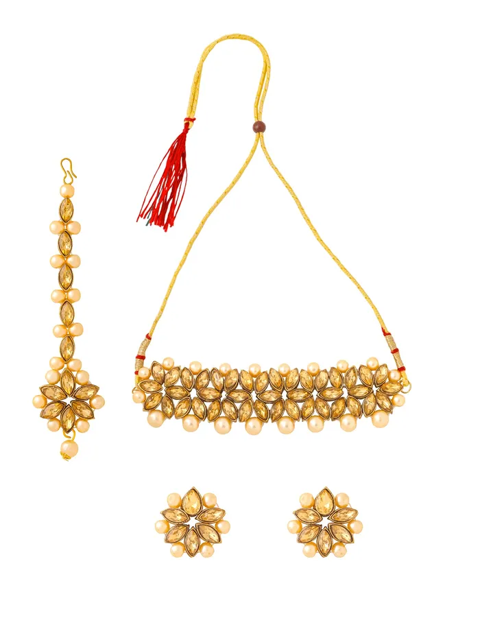 Earrings Yellow Chimes Yellow Chimes Kundan Jewellery Set Gold Plated Traditional Choker Necklace Set Gold Plated and Pearl Jewellery Set for Women Golden YCTJNS05FLWKUNGL