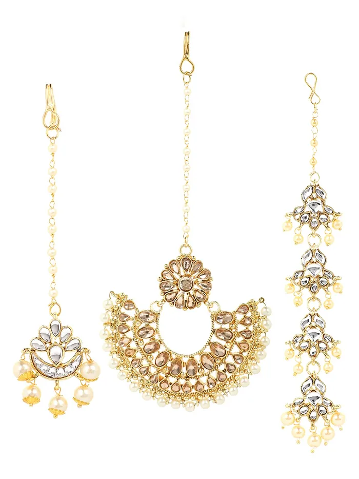 Earrings Yellow Chimes Yellow Chimes Maang Tikka for Women 3 Pcs Kundan Maang Tikka Traditional Gold Plated Ethnic Maang Tikka for Women and Girls