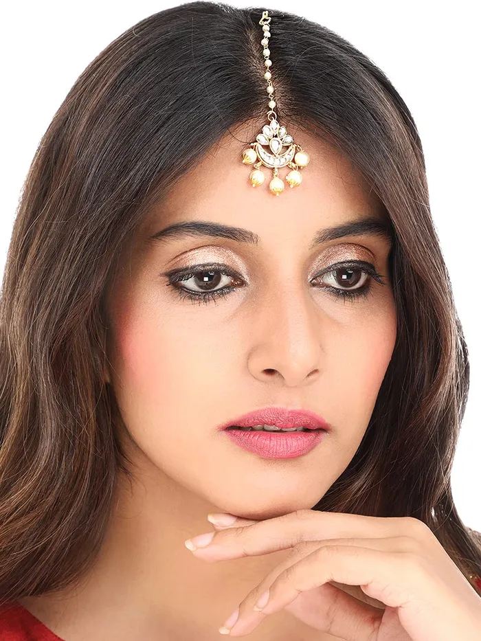 Earrings Yellow Chimes Yellow Chimes Maang Tikka for Women 3 Pcs Kundan Maang Tikka Traditional Gold Plated Ethnic Maang Tikka for Women and Girls