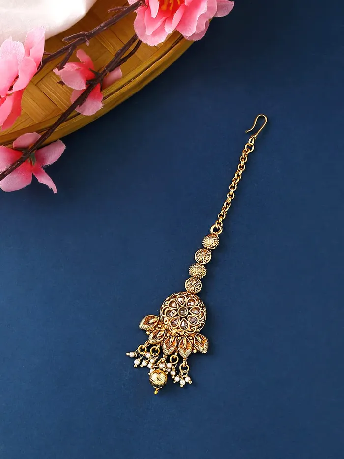 Earrings Yellow Chimes Yellow Chimes Manng Tikka for Women Gold Toned Crystal Studded Beads Drop Maang Tikka for Women and Girls