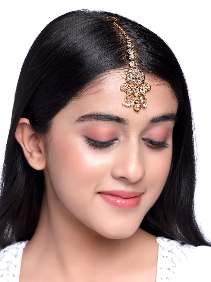 Earrings Yellow Chimes Yellow Chimes Manng Tikka for Women Gold Toned Crystal Studded Beads Drop Maang Tikka for Women and Girls