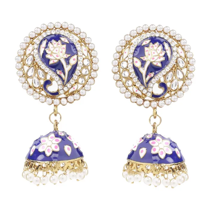 Earrings Yellow Chimes Yellow Chimes Meenakari Blue Jhumka Earrings Handcrafted Gold toned Traditional Moti JhumkaJhumki Earrings for Women Girls