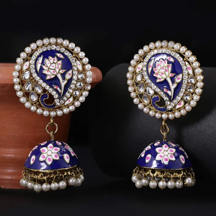 Earrings Yellow Chimes Yellow Chimes Meenakari Blue Jhumka Earrings Handcrafted Gold toned Traditional Moti JhumkaJhumki Earrings for Women Girls