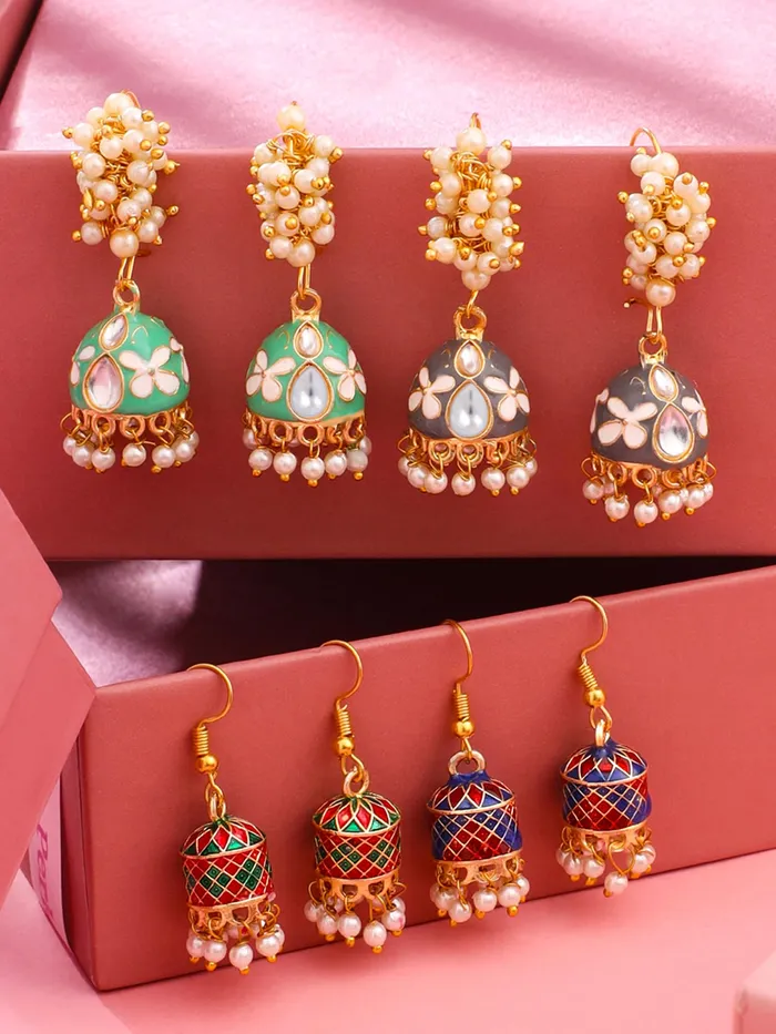 Earrings Yellow Chimes Yellow Chimes Meenakari Jhumka Earrings for Women Traditional Mothi Hoop Jhumki Earrings Set for Girls Combo of 4 Pairs Jhumkas Ethnic Gold Plated Women Earrings Birthday Gift For Girls