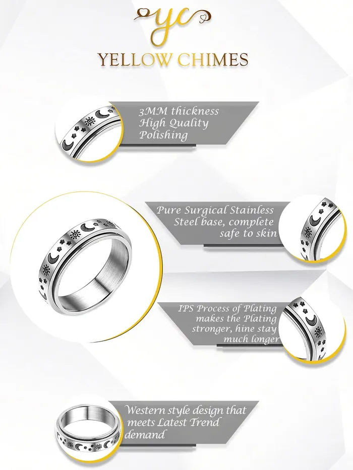 Earrings Yellow Chimes Yellow Chimes Moon Design Spinner Rings Stainless Steel Stress Relieving Rotatable Spinner Ring for Women and Men