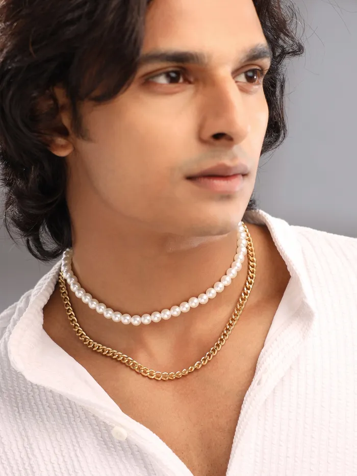 Earrings Yellow Chimes Yellow Chimes Neck Chains for Men White Pearl Chain Necklace for Men Fashion Gold Plated Mens Accessories for Boys Birthday Gift for Men and Boys Anniversary Gift for Husband