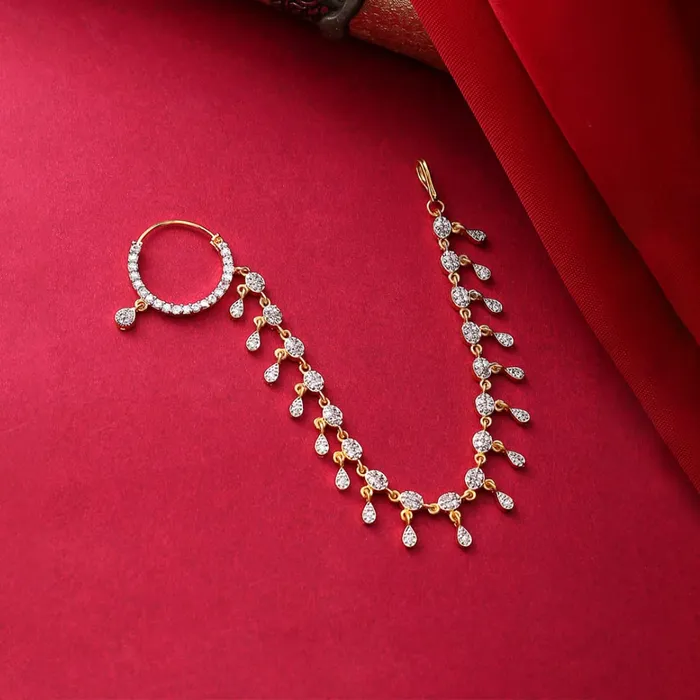 Earrings Yellow Chimes Yellow Chimes Nose Rings for Women GoldPlated Traditional Nose Pins White American Diamond Chained Nose Ring for Women and Girls