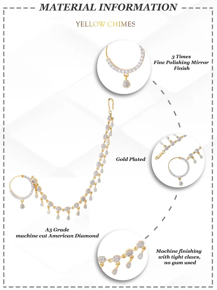 Earrings Yellow Chimes Yellow Chimes Nose Rings for Women GoldPlated Traditional Nose Pins White American Diamond Chained Nose Ring for Women and Girls
