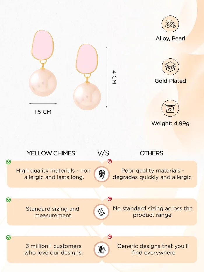 Earrings Yellow Chimes Yellow Chimes Pearl Drop Earrings For Women Fashion Women Earrings Gold Toned Pink Pearls Earrings For Girls Birthday Gift for Girls Anniversary Gift for Women