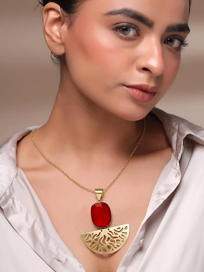 Earrings Yellow Chimes Yellow Chimes Pendant Necklace Gold Plated Charm with Red Stone 60cm Chain Elegant Design