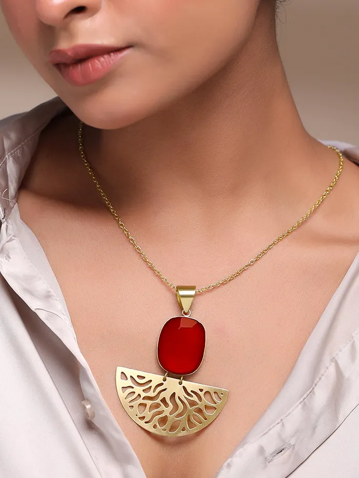 Earrings Yellow Chimes Yellow Chimes Pendant Necklace Gold Plated Charm with Red Stone 60cm Chain Elegant Design