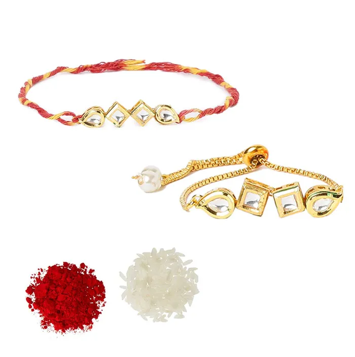 Earrings Yellow Chimes Yellow Chimes Rakhi for Brother and Bhabhi Gold Plated Kundan Bhaiya Bhabhi Rakhi Set Handmade Dori Worked Rakhi Combo of 2 PCs Men Rakhi Bracelet With Roli Chawal