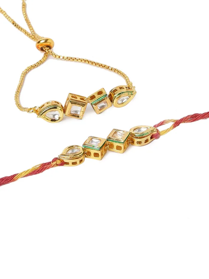 Earrings Yellow Chimes Yellow Chimes Rakhi for Brother and Bhabhi Gold Plated Kundan Bhaiya Bhabhi Rakhi Set Handmade Dori Worked Rakhi Combo of 2 PCs Men Rakhi Bracelet With Roli Chawal