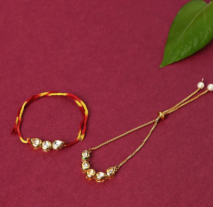 Earrings Yellow Chimes Yellow Chimes Rakhi for Brother and Bhabhi Gold Plated Kundan Bhaiya Bhabhi Rakhi Set Handmade Dori Worked Rakhi Combo of 2 PCs Men Rakhi Bracelet With Roli Chawal