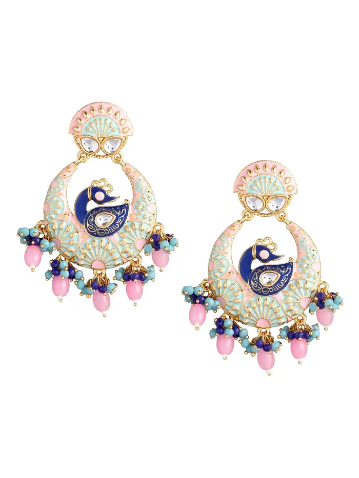 Earrings Yellow Chimes Yellow Chimes Traditional Gold Toned Peacock Design Pearl Meenakari Chandbali Earrings for Women and Girls Blue Pink Medium YCTJER91MNKPCKBLPK