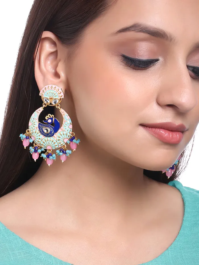 Earrings Yellow Chimes Yellow Chimes Traditional Gold Toned Peacock Design Pearl Meenakari Chandbali Earrings for Women and Girls Blue Pink Medium YCTJER91MNKPCKBLPK