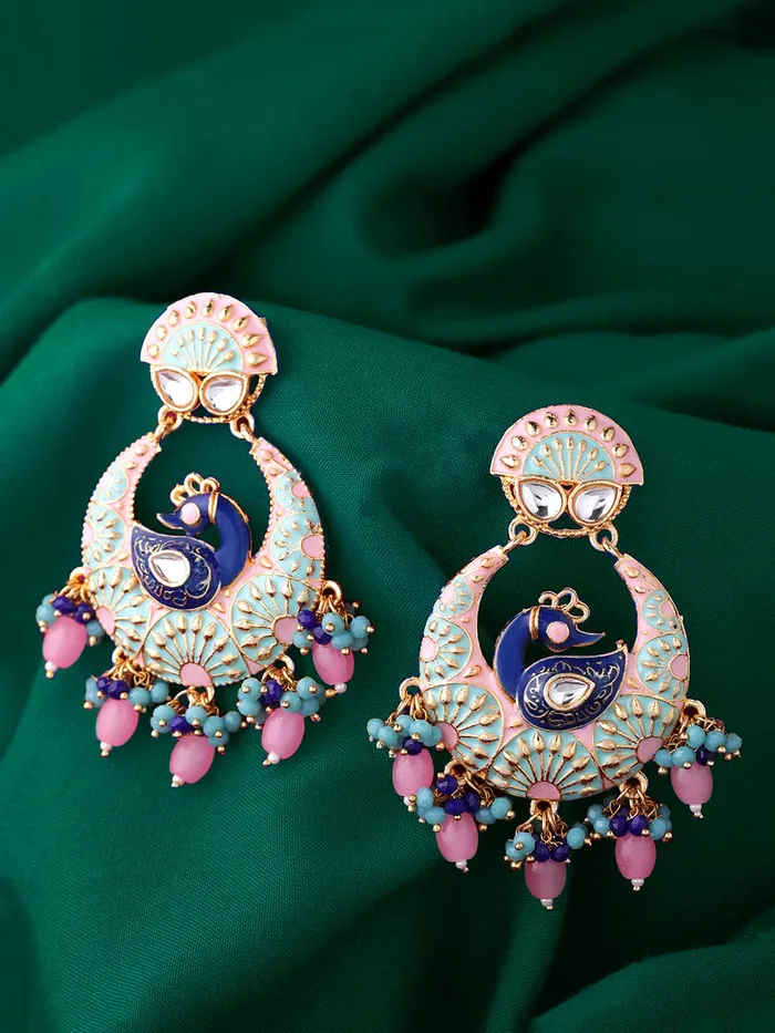 Earrings Yellow Chimes Yellow Chimes Traditional Gold Toned Peacock Design Pearl Meenakari Chandbali Earrings for Women and Girls Blue Pink Medium YCTJER91MNKPCKBLPK