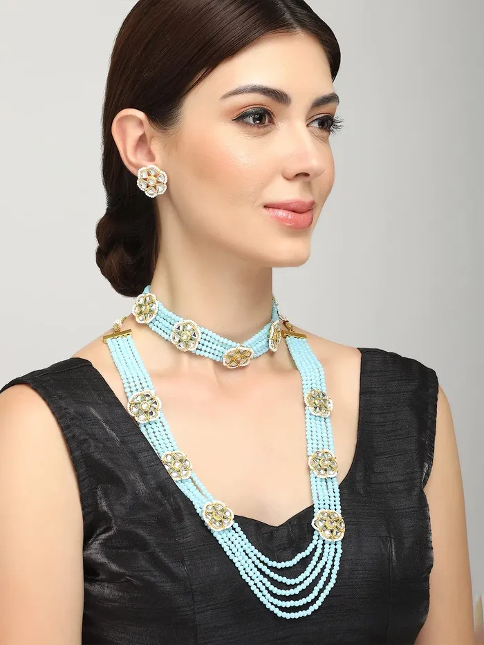 Earrings Yellow Chimes Yellow Chimes Traditional Jewellery Set for Women Ethnic Blue Kundan Beads Necklace Set Multilayer Long Necklace Set for Women and Girls