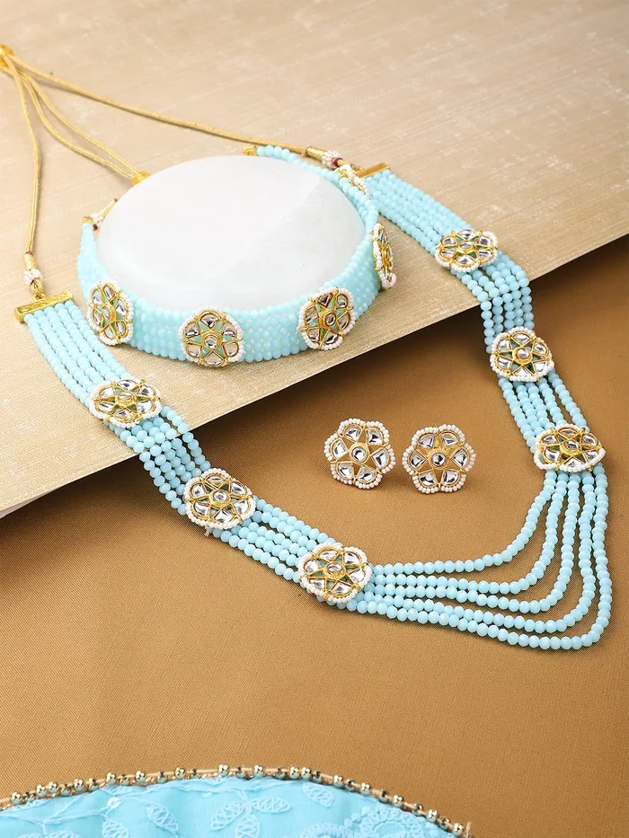 Earrings Yellow Chimes Yellow Chimes Traditional Jewellery Set for Women Ethnic Blue Kundan Beads Necklace Set Multilayer Long Necklace Set for Women and Girls