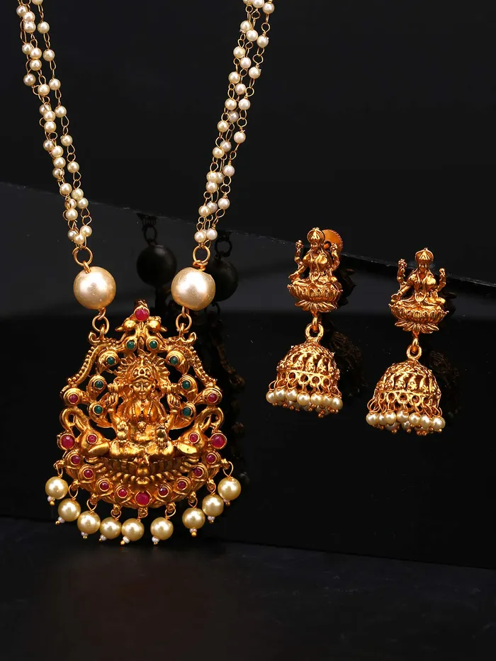 Earrings Yellow Chimes Yellow Chimes Traditional Jewellery Set for Women Ethnic Temple Jewellery Set Gold Plated Jewelry Set Traditional Long Haram Necklace Set for Women and Girls Design 9