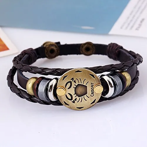 Earrings Yellow Chimes Yellow Chimes Zodiac Sign Constellation Handmade Brown Leather Bracelet for Men and WomenUnisex Cancer