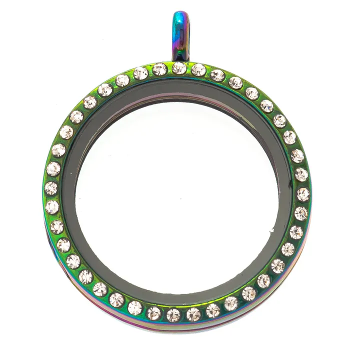 Glass Locket Pendant Magnetic 30mm Rainbow Rhinestone Round JE0267 Necklaces Glass Locket Pendant Magnetic 30mm Rainbow Rhinestone Round JE0267 Necklaces