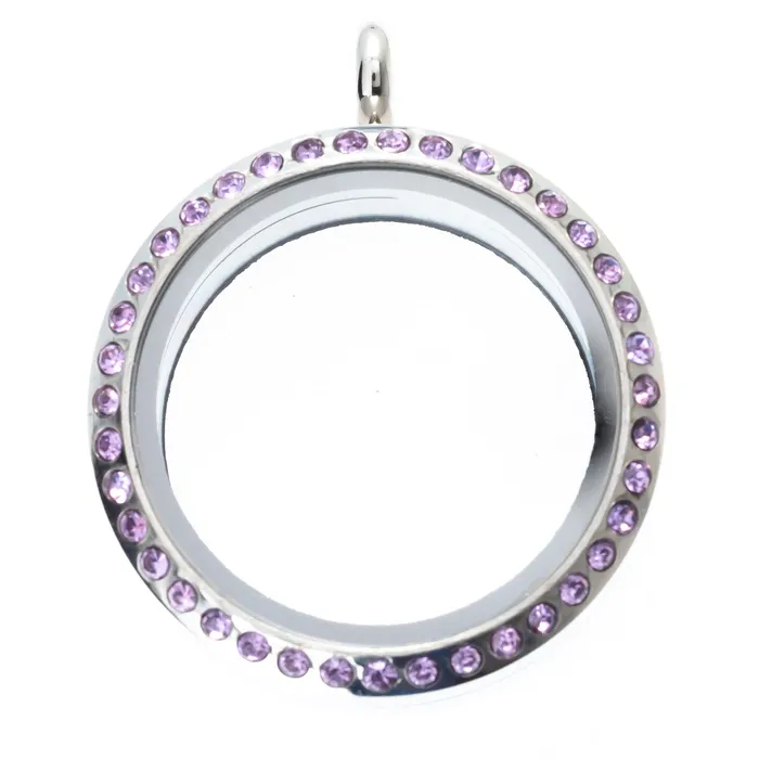 Glass Locket Pendant Twist Off 30mm Stainless Steel Round Light Purple Rhinestone JE0208 Necklaces Glass Locket Pendant Twist Off 30mm Stainless Steel Round Light Purple Rhinestone JE0208 Necklaces